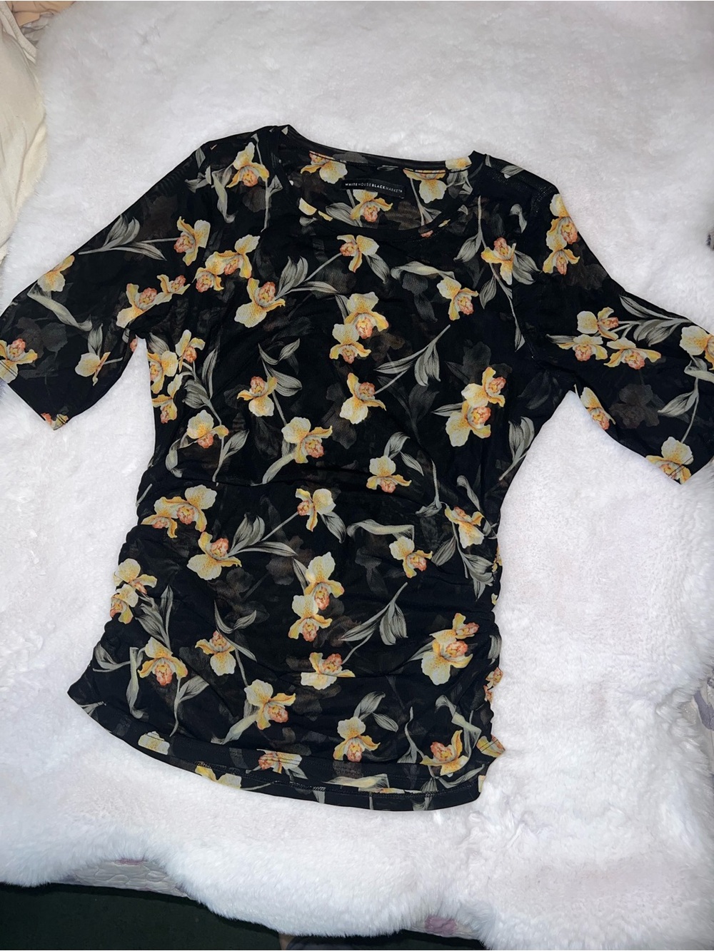 White House Black Market Black Floral Short Sleeve Tee with Yellow Accents